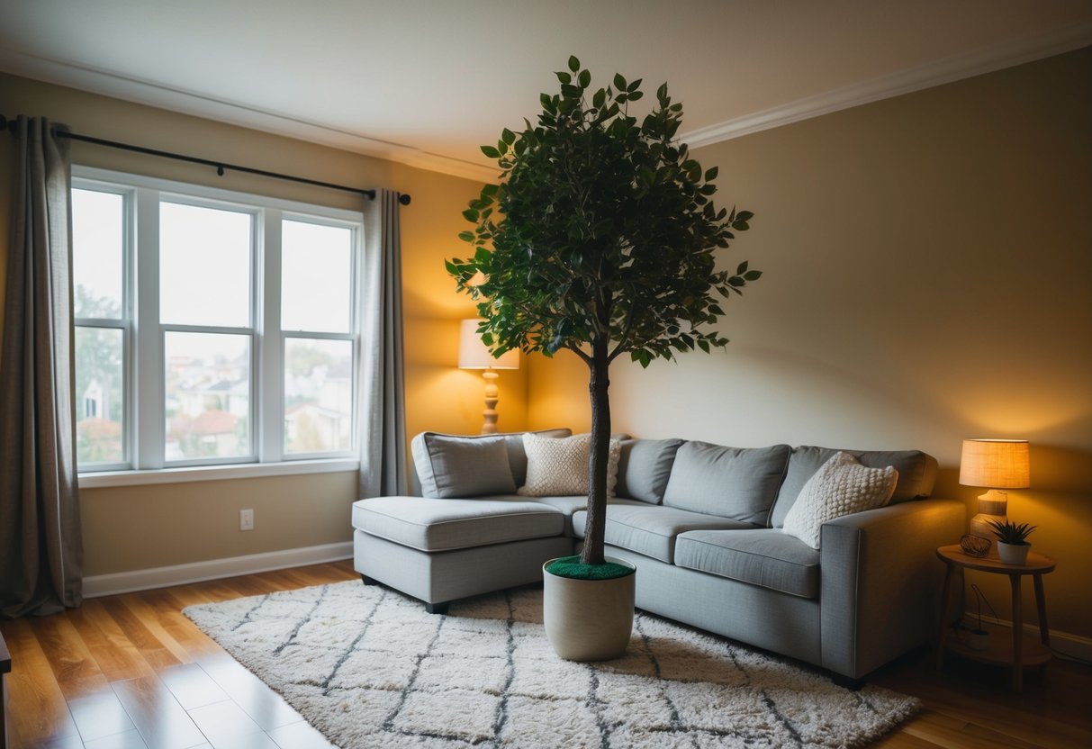 A cozy living room with a large fake tree plant placed in the corner next to a window, surrounded by comfortable furniture and warm lighting