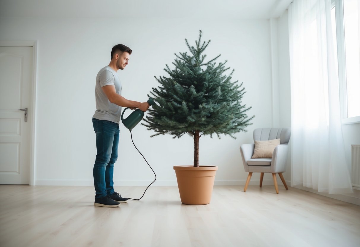 A person carefully dusts and arranges fake tree plant in a clean, well-lit room