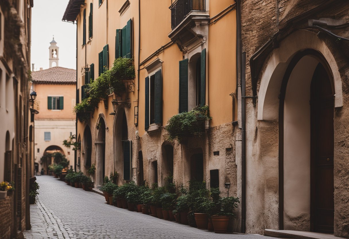 Edifici antichi e strade di ciottoli a Forlì, Italia