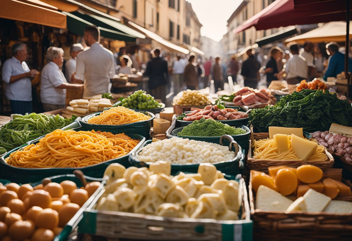 Un vivace mercato all'aperto a Castel Bolognese, con bancarelle colorate che vendono prodotti freschi, formaggi e salumi. Una trattoria locale offre piatti fumanti di pasta fatta a mano e salse ricche e saporite.