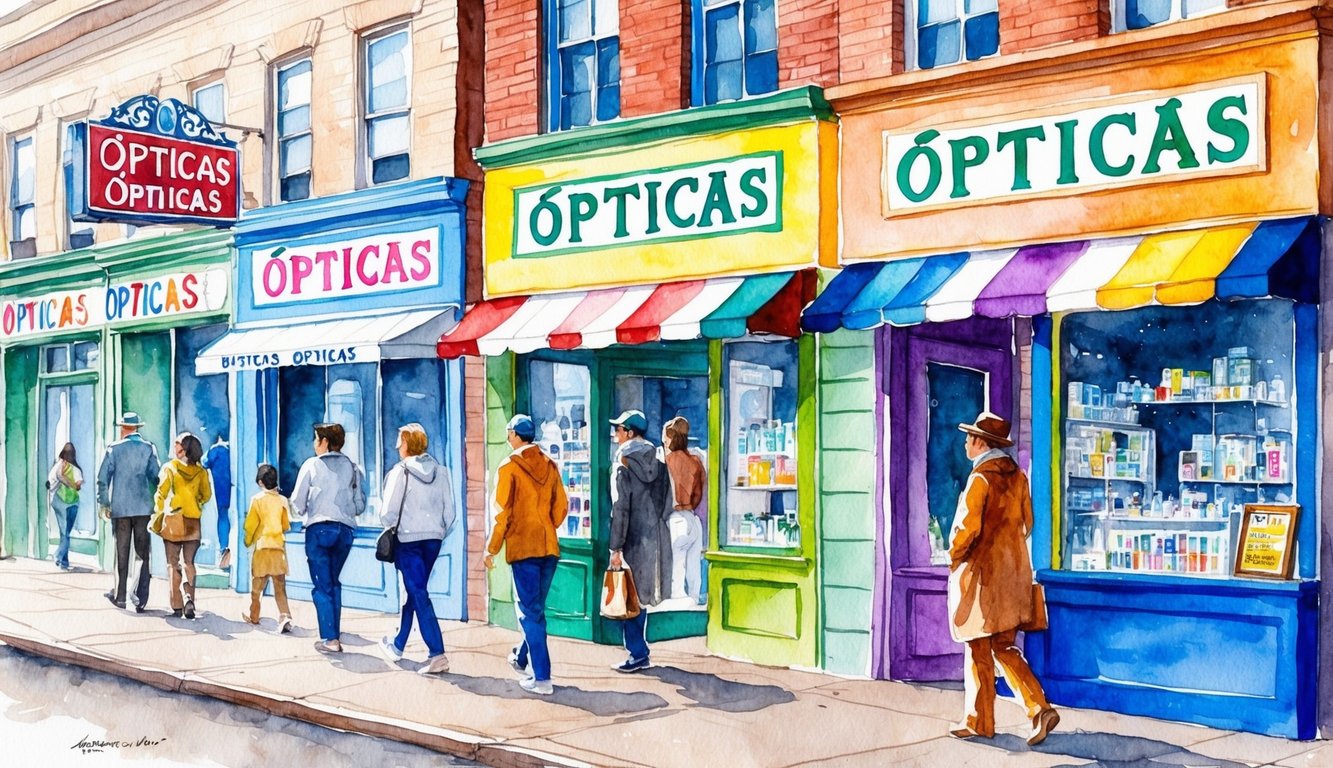 Una calle bulliciosa en Brownsville, con letreros coloridos y escaparates de Ópticas Ópticas. La gente pasa, algunos mirando por las ventanas.