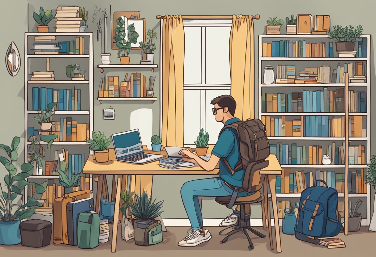 A person sitting at a desk with a laptop, surrounded by art supplies, a guitar, and hiking gear. A bookshelf filled with novels and a plant in the corner