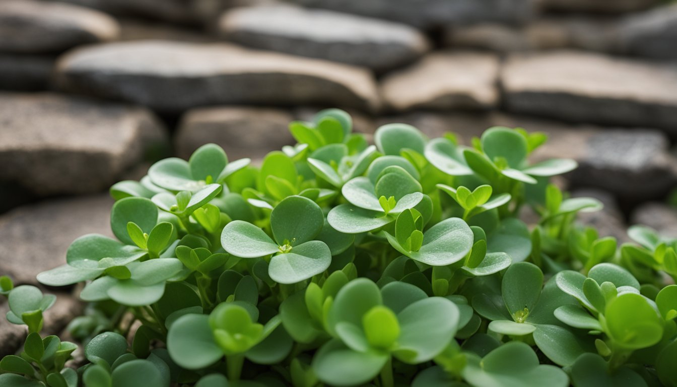 Purslane thrives in cobblestone cracks, its lush green leaves adorned with dewdrops under soft morning light, with a blurred stone wall in the background