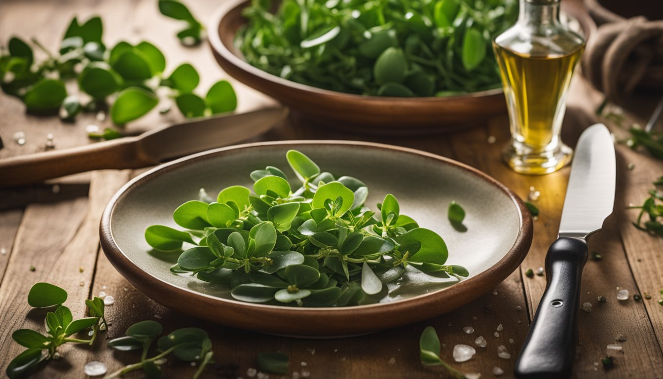 Vibrant purslane leaves on vintage plate with sea salt, olive oil, and knife, on wooden board in warm light