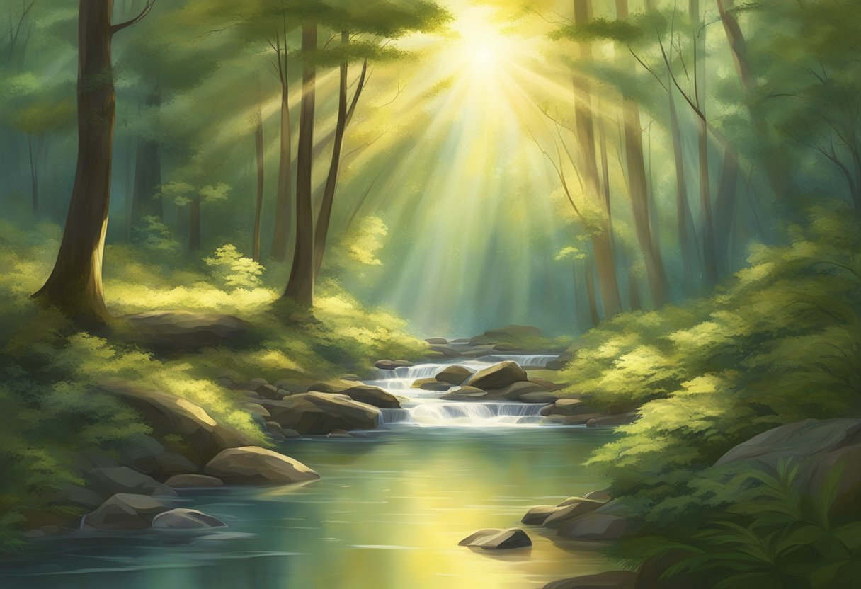 A serene forest clearing with sunlight filtering through the trees, casting a warm glow on a tranquil stream. Sparkling energy radiates from the water, enveloping the peaceful scene