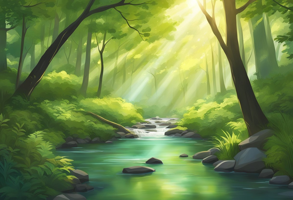 A serene forest with sunlight streaming through the trees, illuminating a peaceful stream and vibrant green foliage