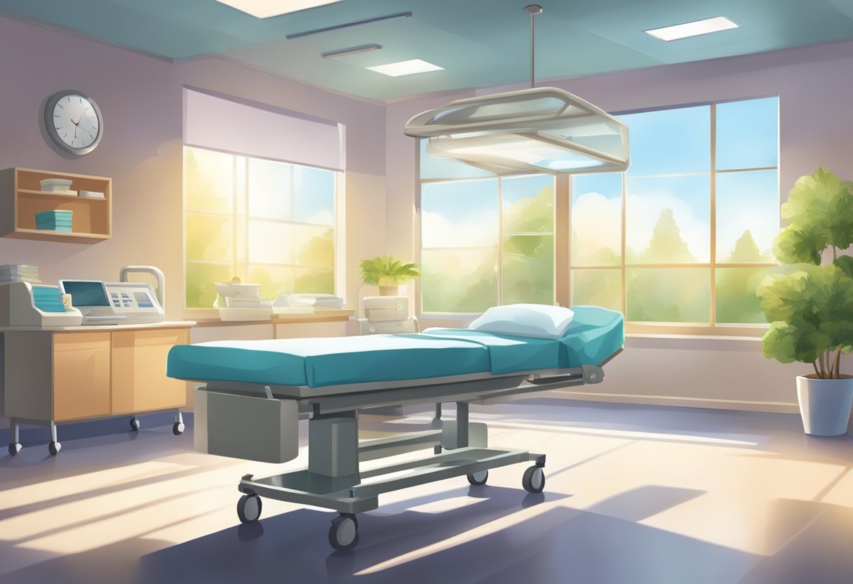A serene hospital room with soft light streaming in, a peaceful atmosphere, and a sense of healing energy flowing through the space