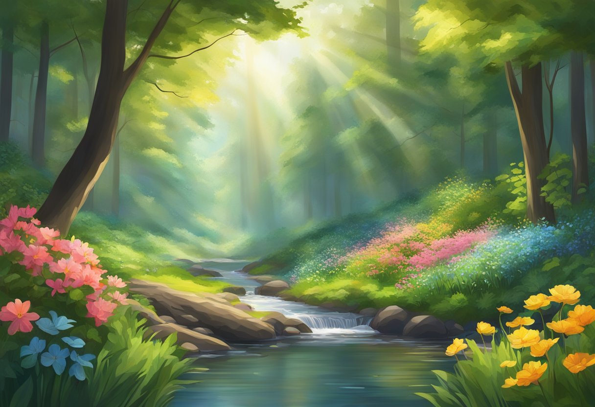 A serene forest with sunlight filtering through the trees onto a tranquil stream, surrounded by vibrant flowers and lush greenery