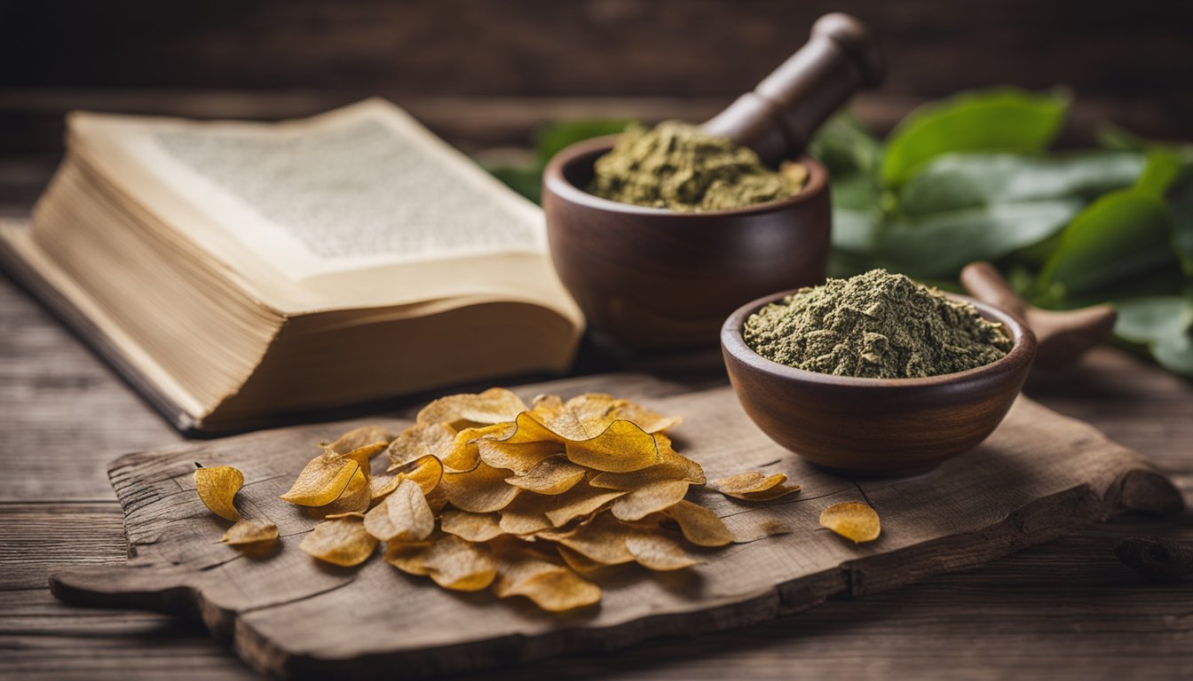 Dried broadleaf plantain leaves, mortar and pestle, infused oil, aged wood, soft light, herbal book