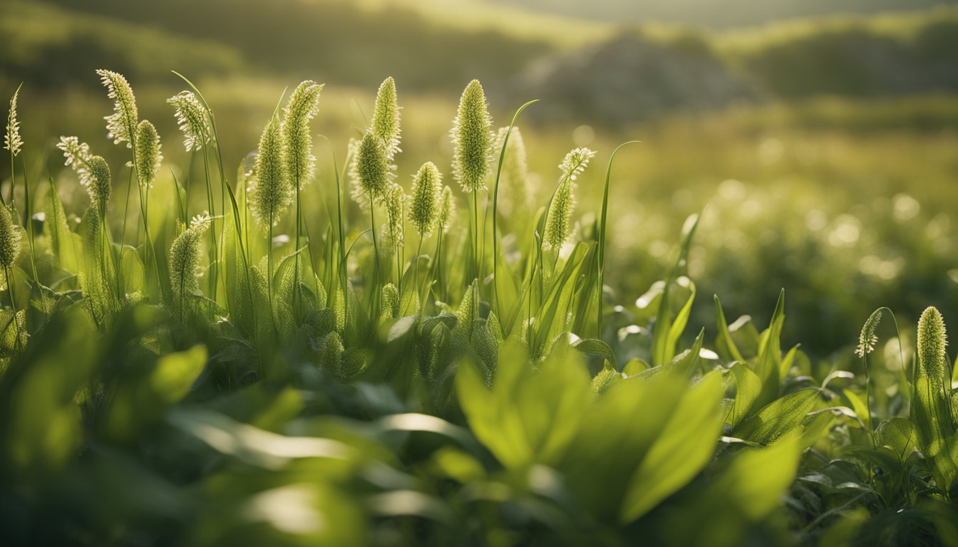 Broadleaf plantain clusters mingle with grasses and stones in a diverse meadow. Varied leaf colors and sizes, soft light, and distant hills create a tranquil scene for an illustrator to recreate