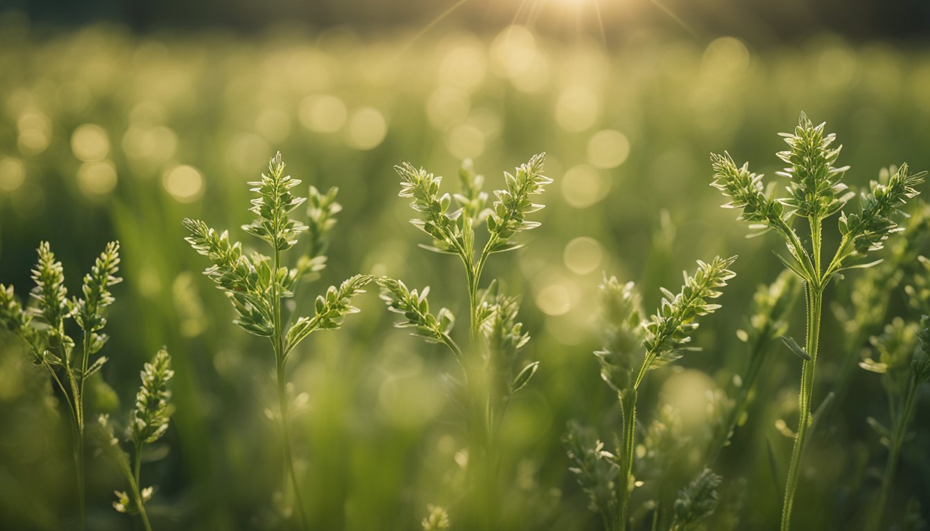 Goosegrass spreads across a dirt path, its finger-like seed heads creating a star-shaped pattern. Varying shades of green and tan showcase the plant's lifecycle, with morning light highlighting its intricate structure