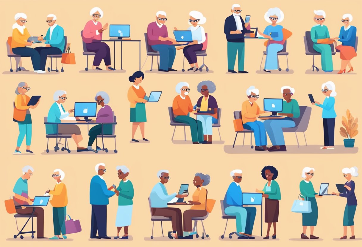 A group of diverse seniors engaging in various activities, such as using technology, shopping online, and participating in social media, representing the evolving demographics in affiliate marketing