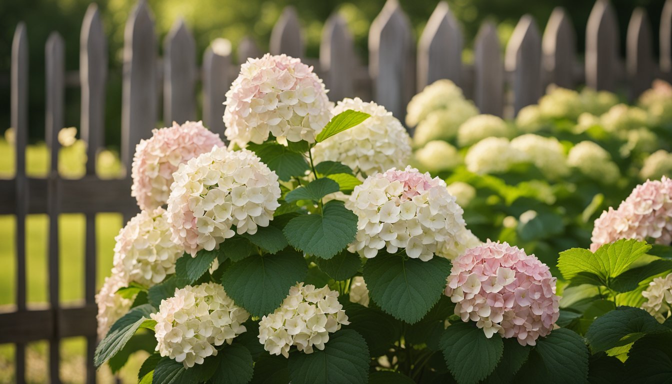 A mature Vanilla Strawberry Hydrangea bush in full bloom, transitioning from creamy white to deep strawberry red, set against a weathered wooden fence in soft afternoon sunlight