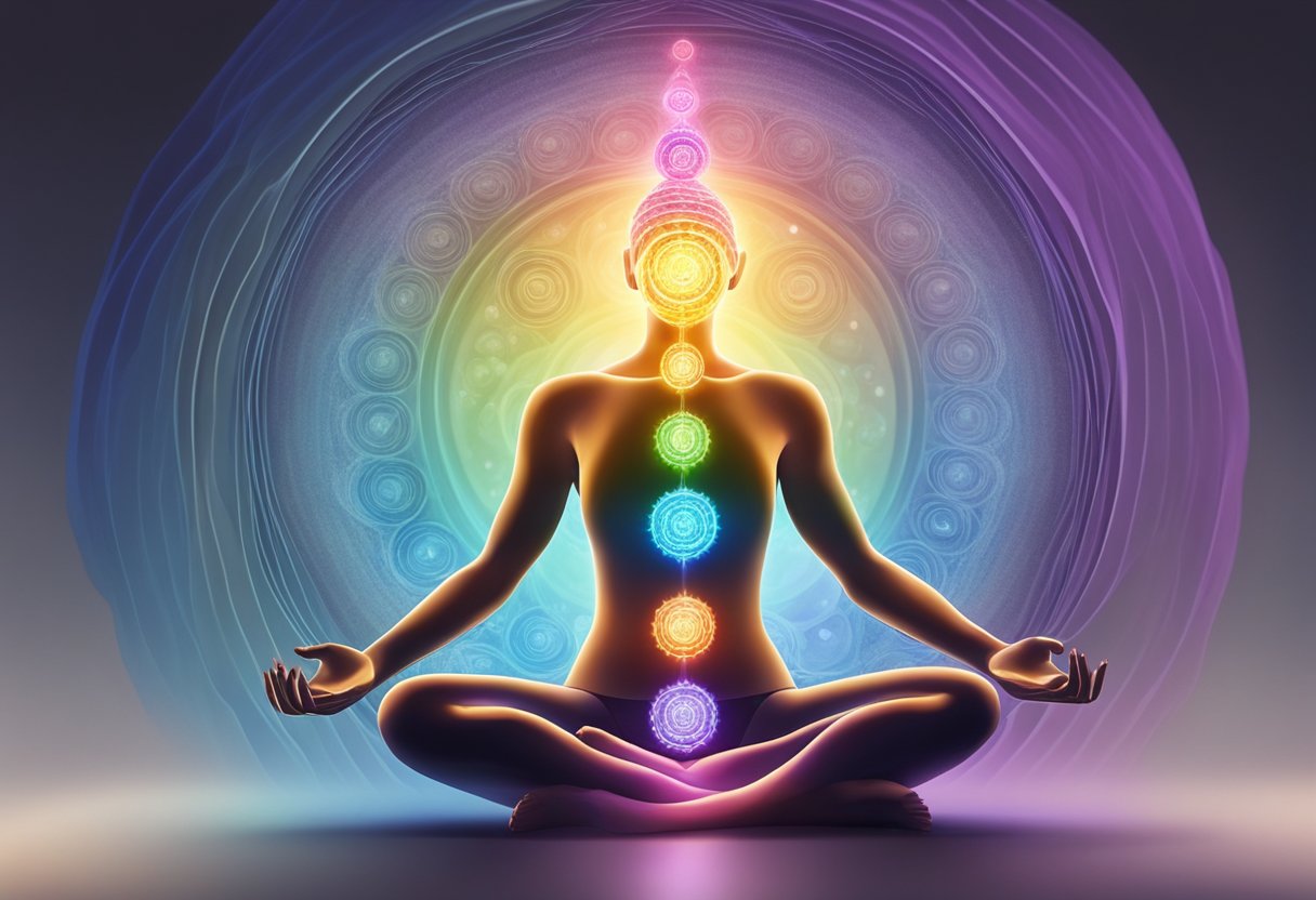 A glowing, spiraling energy rising through seven colored chakras, rooted at the base and extending upwards through the body's energy centers