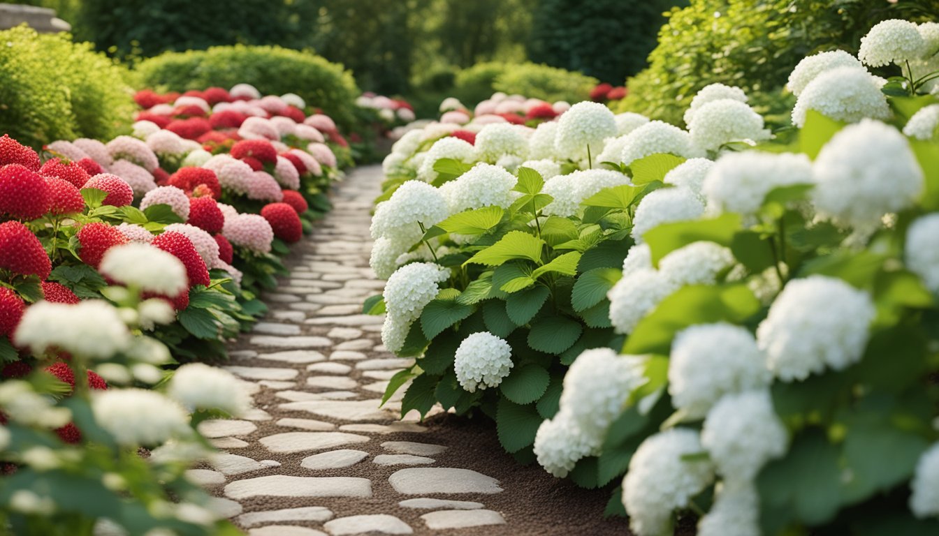 Multiple Vanilla Strawberry Hydrangea bushes border a stone pathway, their cascading flower clusters transitioning from white to deep strawberry red. Soft morning light and a cottage garden background add to the picturesque scene