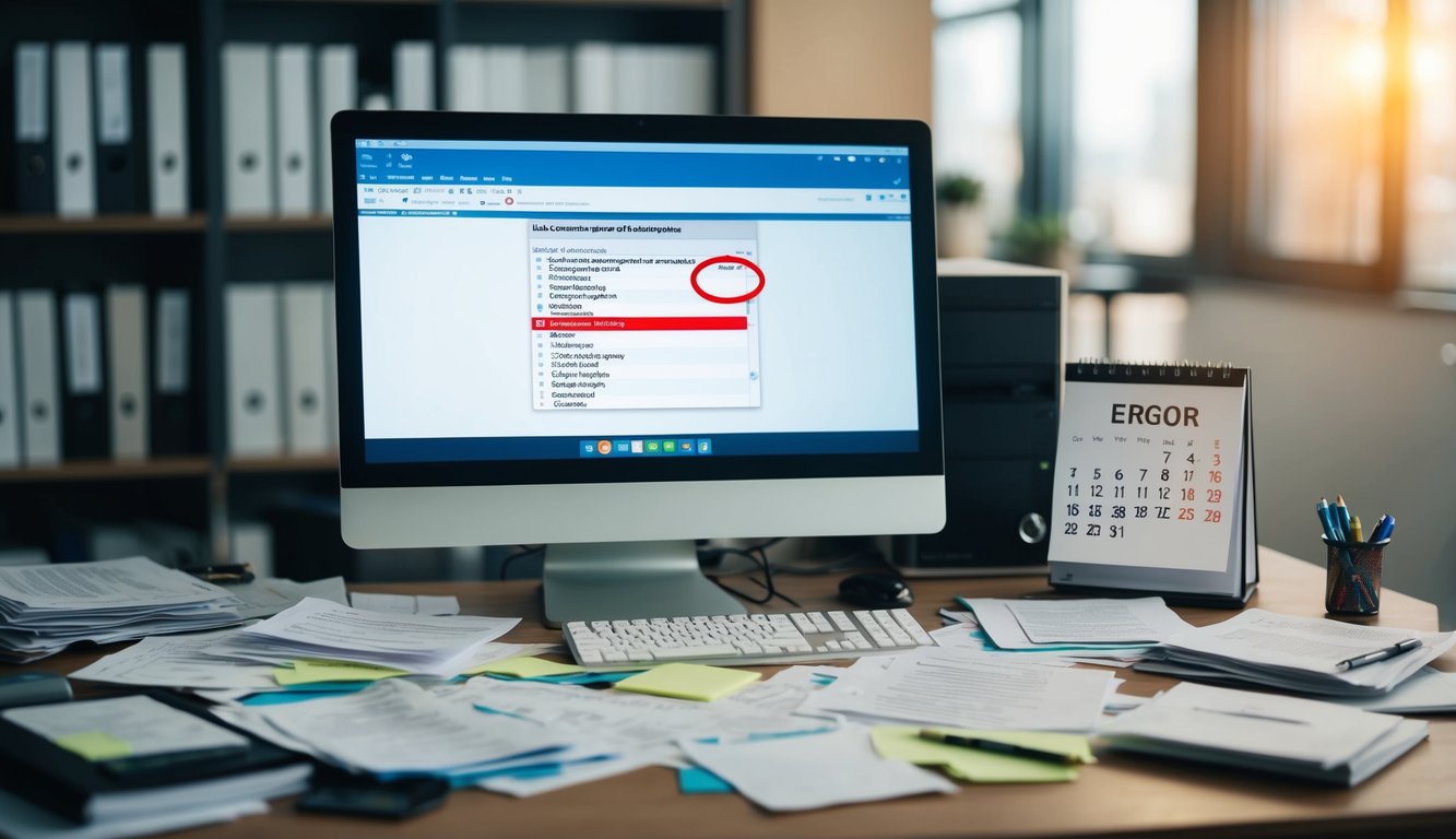 Una scrivania disordinata con fogli sparsi, uno schermo del computer che mostra un messaggio di errore e un calendario con un cerchio rosso attorno a una data scaduta.