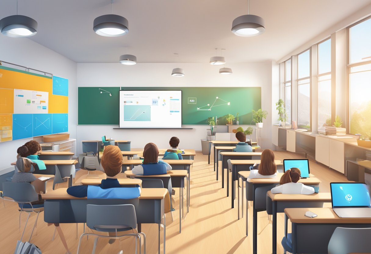 A modern classroom with digital learning tools and Nexineo branding