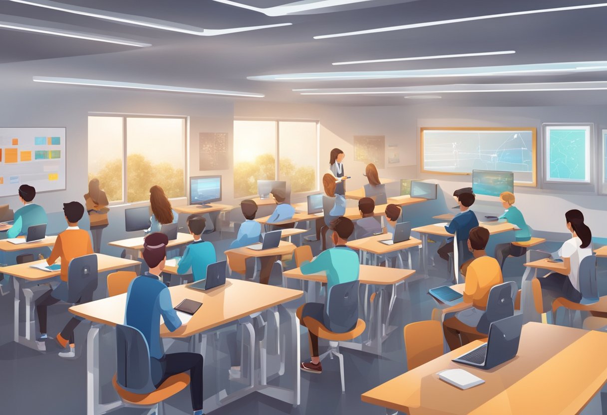 A modern classroom with students using advanced technology for learning, with a futuristic and innovative atmosphere