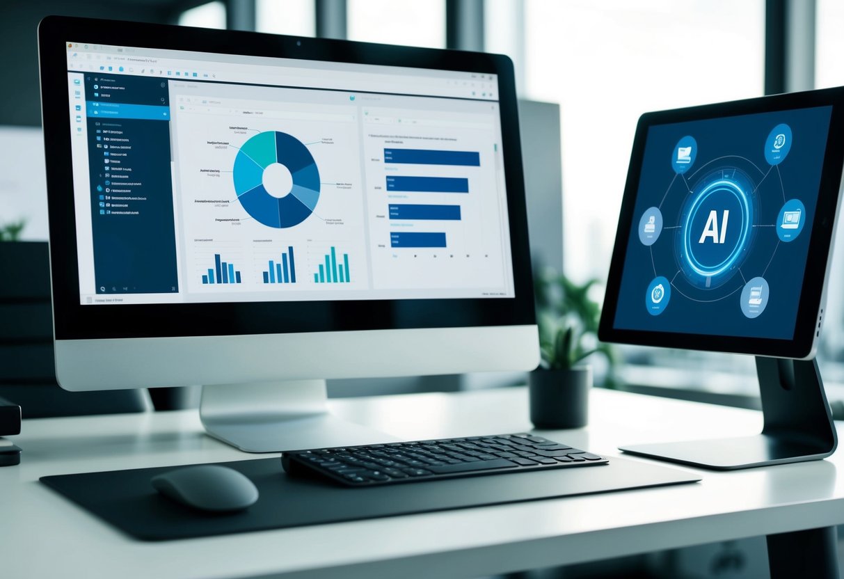 Uma mesa de escritório moderna e elegante com um monitor de computador exibindo um software de análise de dados de IA, ao lado de um tablet mostrando aplicativos de IA para aumento de produtividade.