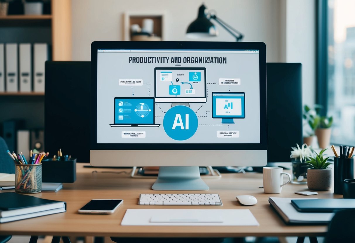 Uma mesa de escritório com uma tela de computador exibindo ferramentas de produtividade e organização apoiadas por IA, cercada por um espaço de trabalho limpo e organizado.