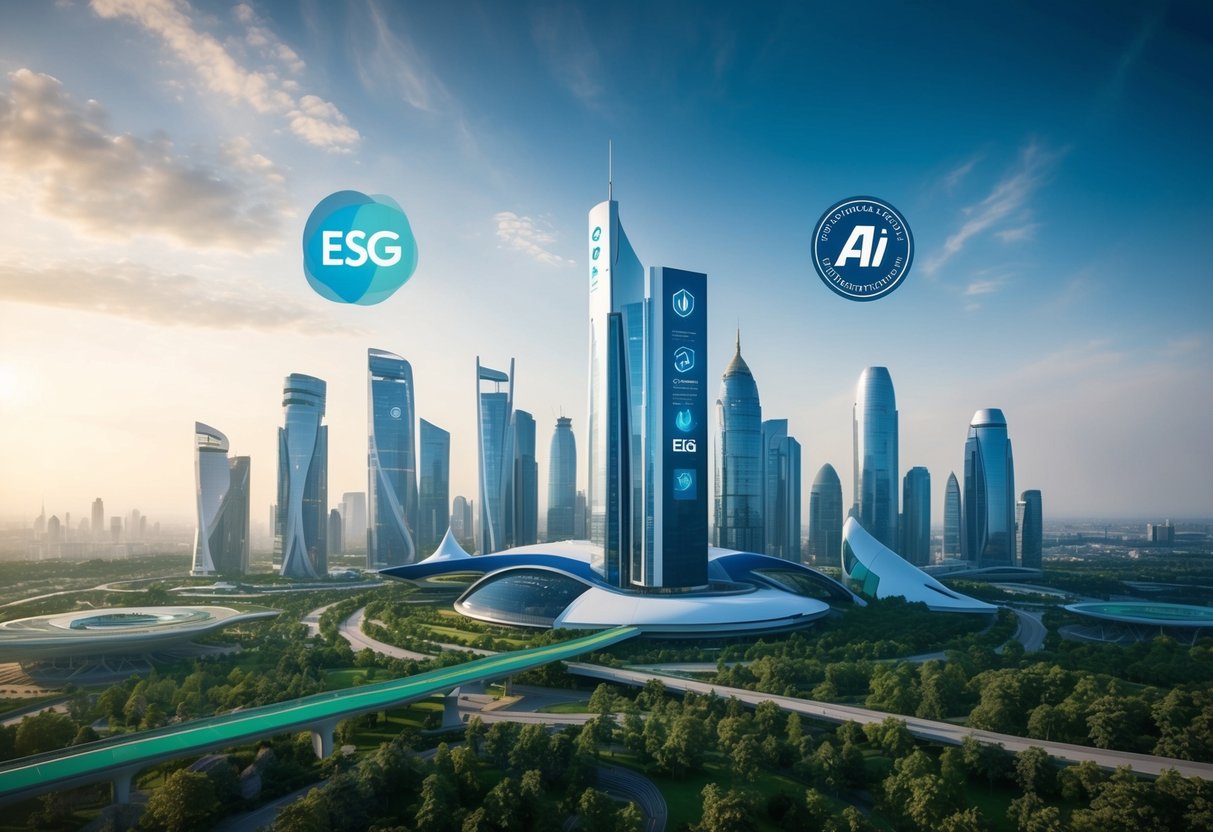 Um horizonte de cidade futurista com logotipos de ESG e IA integrados à arquitetura, cercado por vegetação e infraestrutura sustentável.