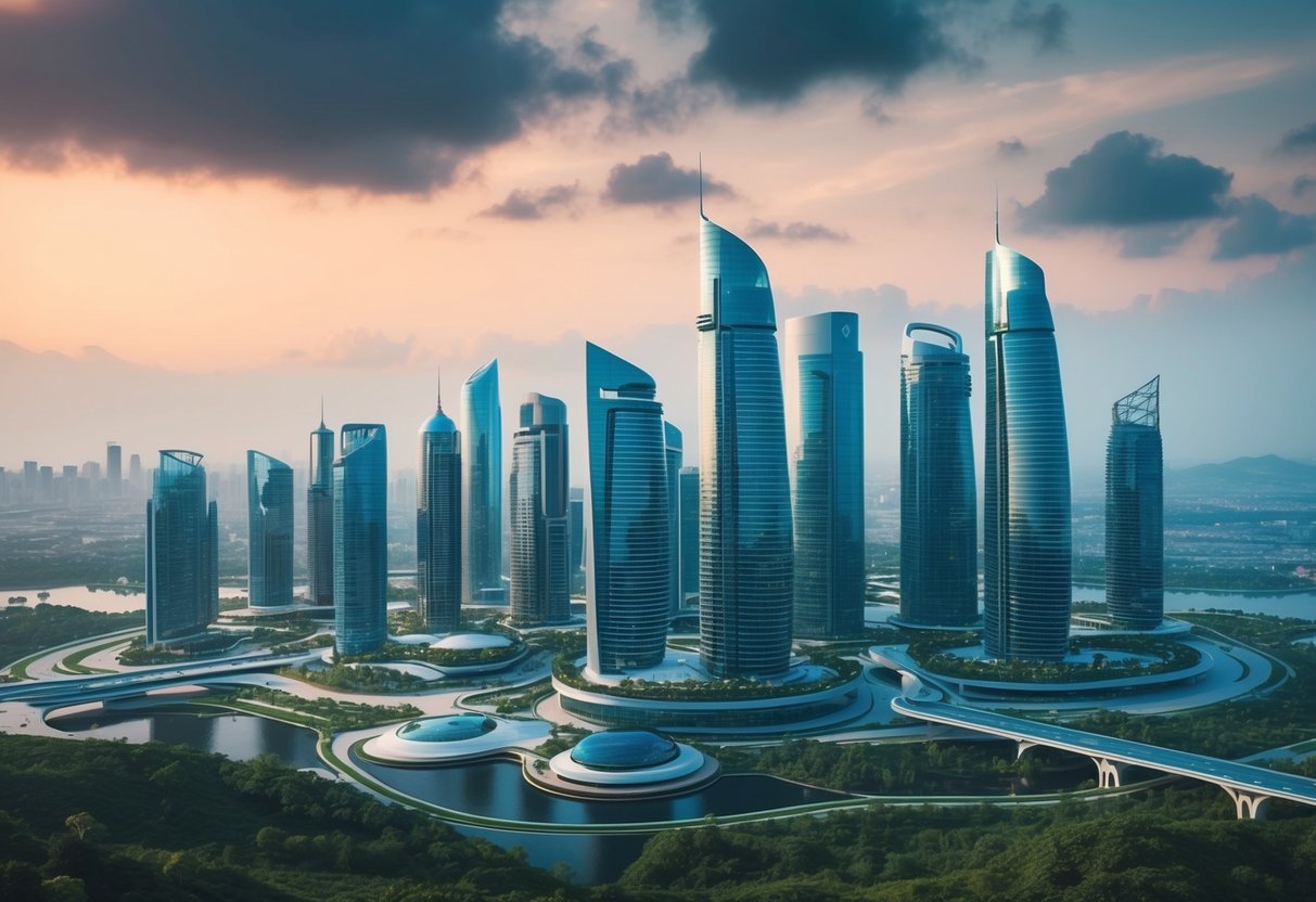 Um horizonte de cidade futurista com edifícios sustentáveis e tecnologia avançada integrada à natureza