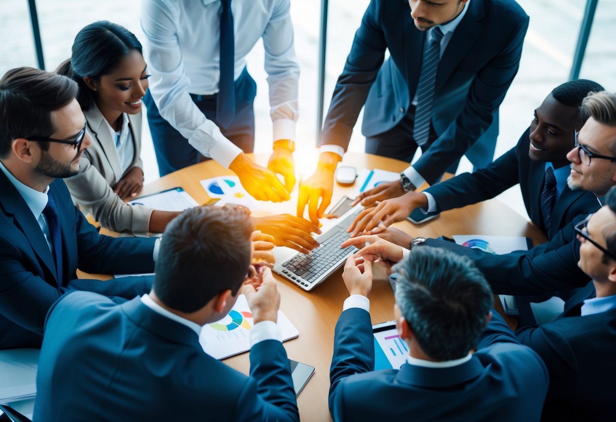 Um grupo de profissionais se reuniu em torno de uma mesa, fazendo um brainstorming e planejando a implementação de IA em um ambiente corporativo.