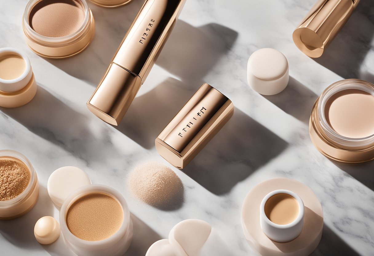 Three Fenty Beauty Match Stix Trio cream makeup sticks arranged on a marble countertop with soft, natural lighting