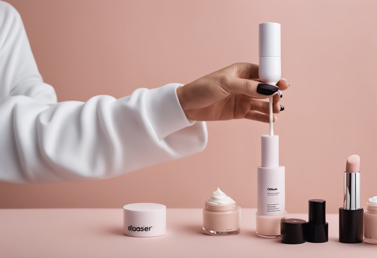 A hand holding a tube of Glossier Cloud Paint with various other makeup products in the background