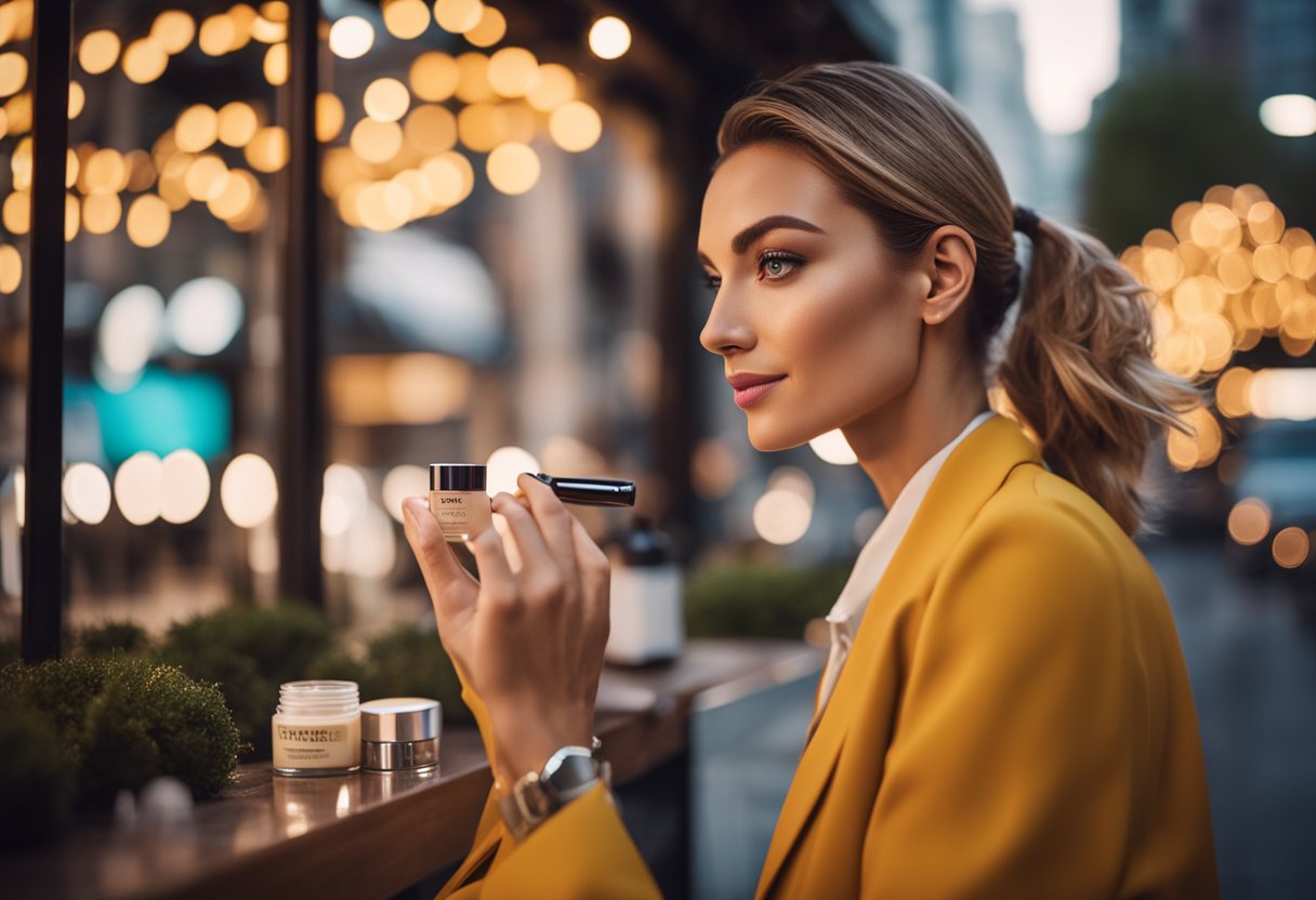 A vibrant cityscape with a modern, stylish woman applying Maybelline Dream Urban Cover cream makeup