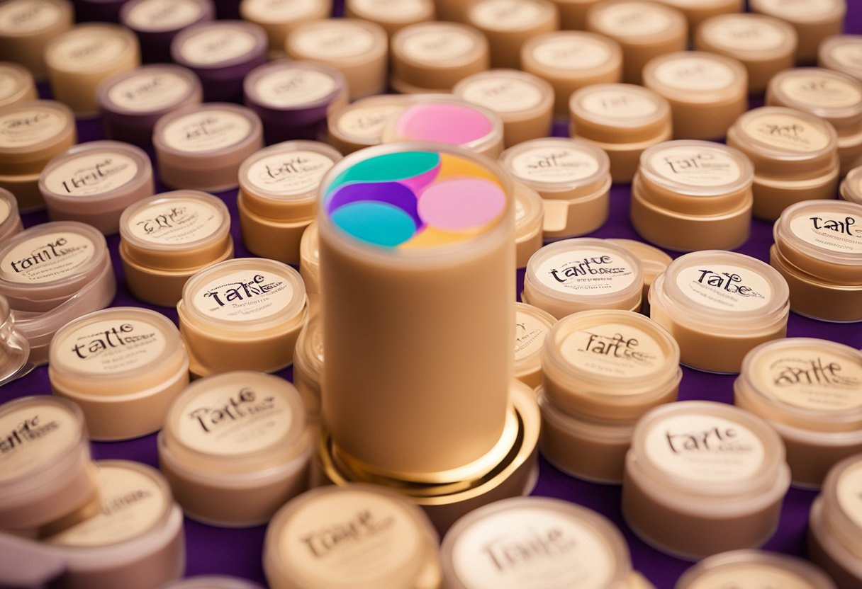 A colorful display of Tarte Shape Tape Concealer surrounded by promotional signs and price tags