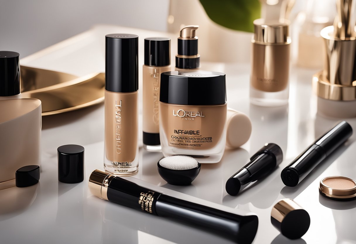 A tube of L'Oreal Paris Infallible Full Wear Concealer surrounded by various other makeup products on a sleek, modern vanity table