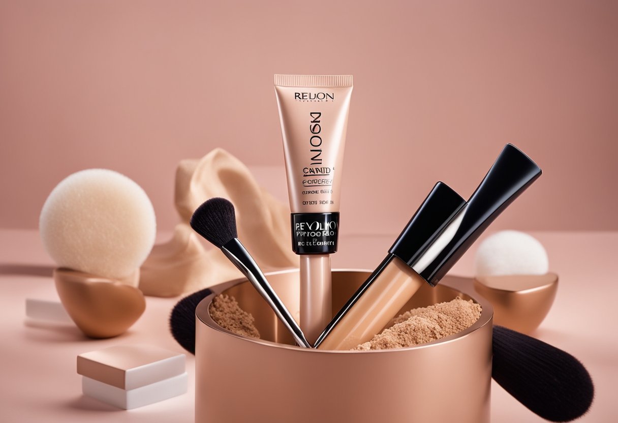 A hand holding a tube of Revlon PhotoReady Candid Concealer, with a soft-focus background of makeup products and brushes