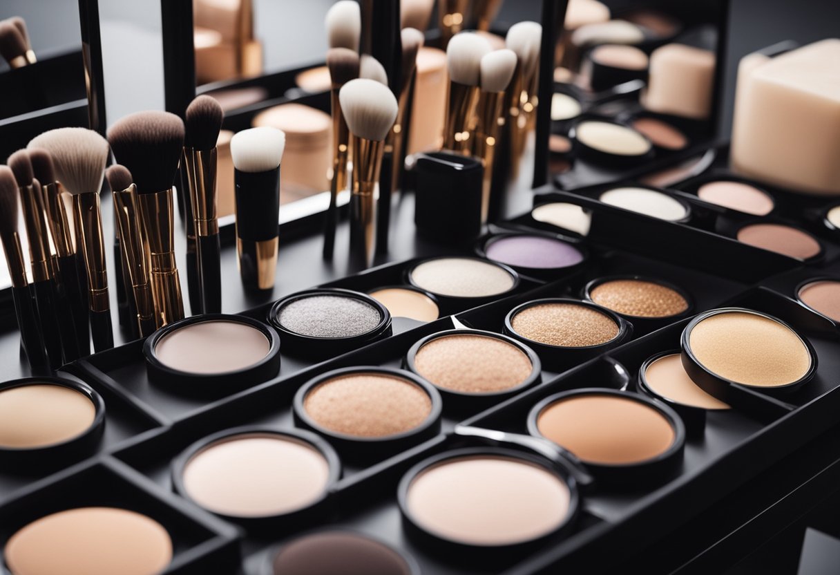 A table displays various cream makeup products with different shades and textures, surrounded by brushes and sponges