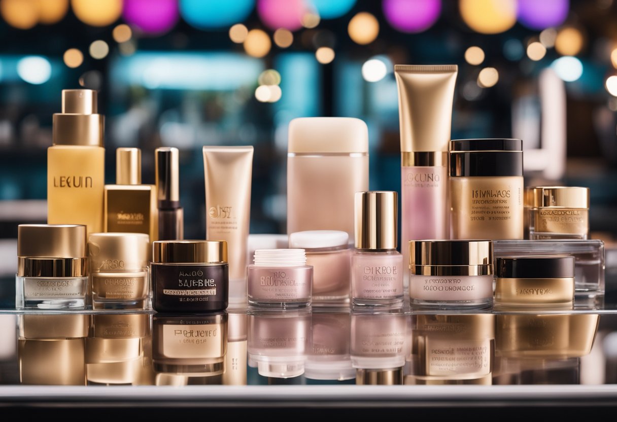 A table with various cream makeup products displayed, surrounded by bright, colorful sale signs