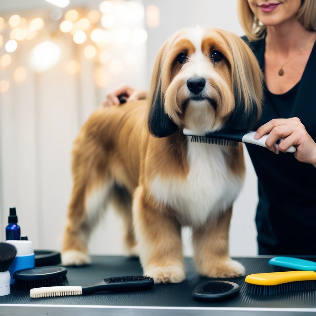A long-haired dog standing on a grooming table, surrounded by brushes, combs, and grooming products. A person is gently brushing the dog's fur, with a calm and content expression on the dog's face