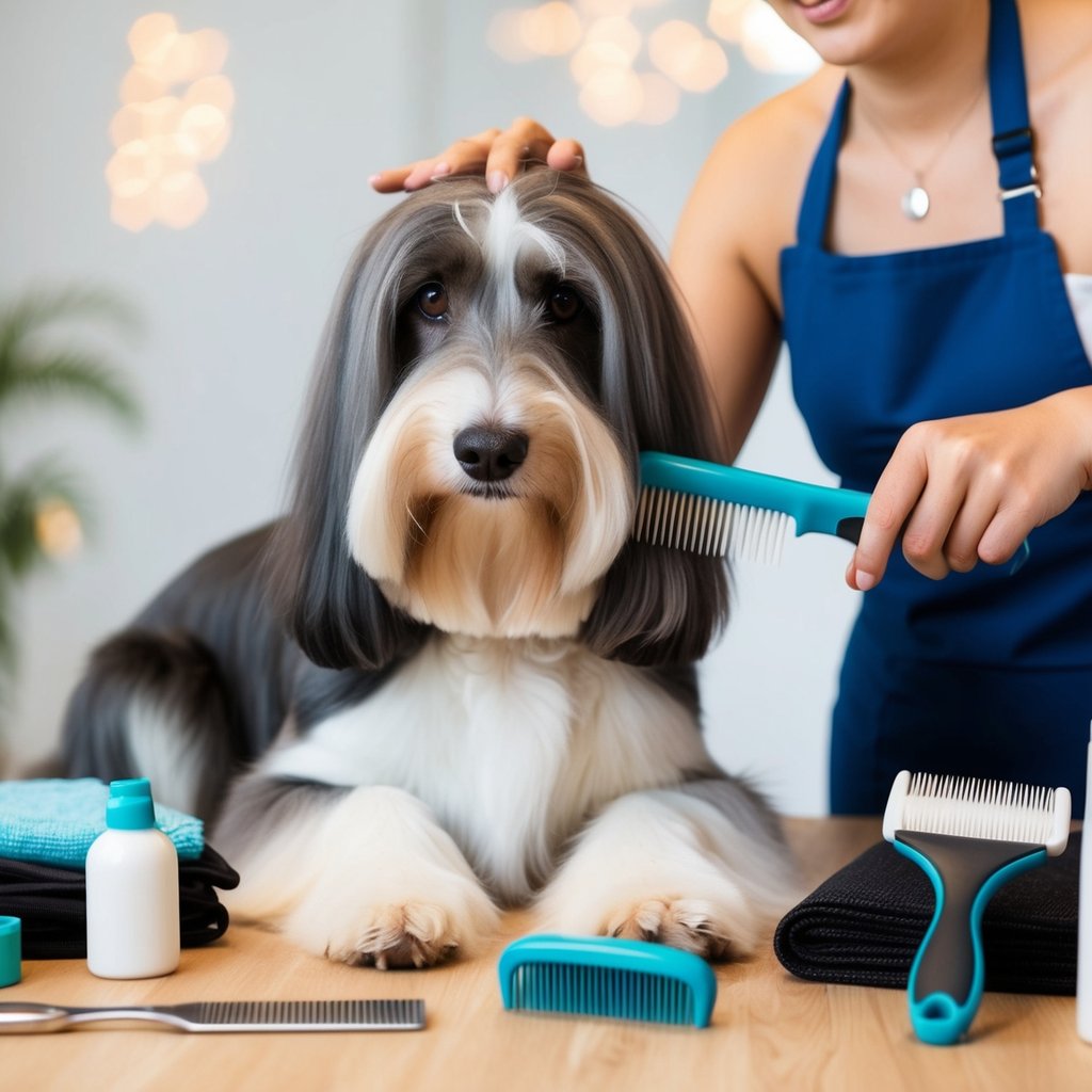 A long-haired dog being groomed with a brush and comb, surrounded by grooming supplies and a calm, attentive groomer