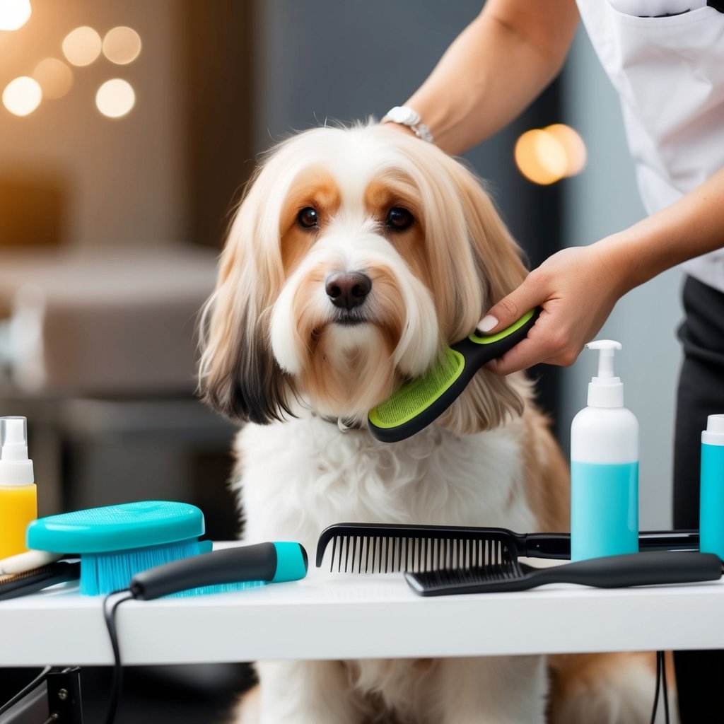 A long-haired dog being gently brushed and groomed, surrounded by various grooming tools and products on a table