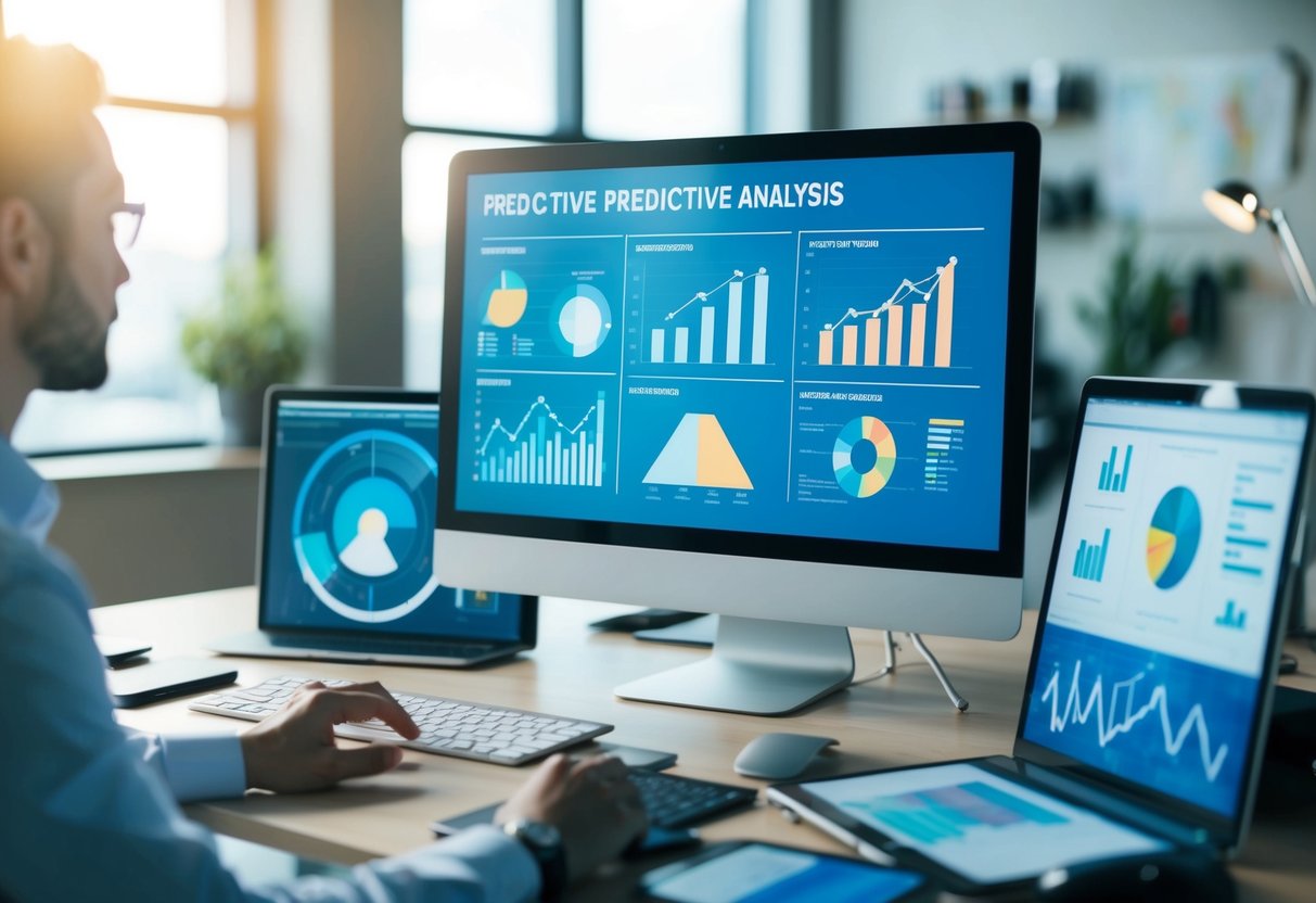 Um computador exibindo gráficos e tabelas de análise preditiva, cercado por várias ferramentas e técnicas de modelagem