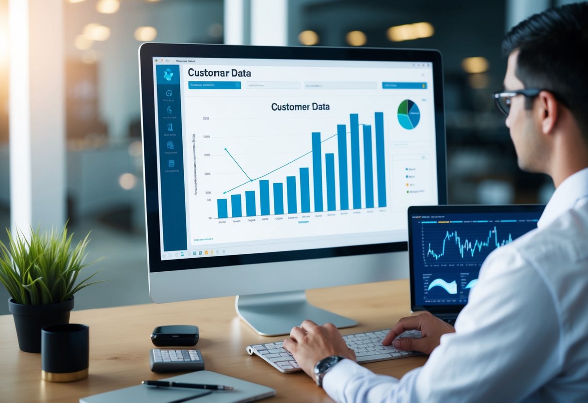 Uma tela de computador exibindo um gráfico de dados de clientes, com um técnico monitorando o software de análise preditiva.