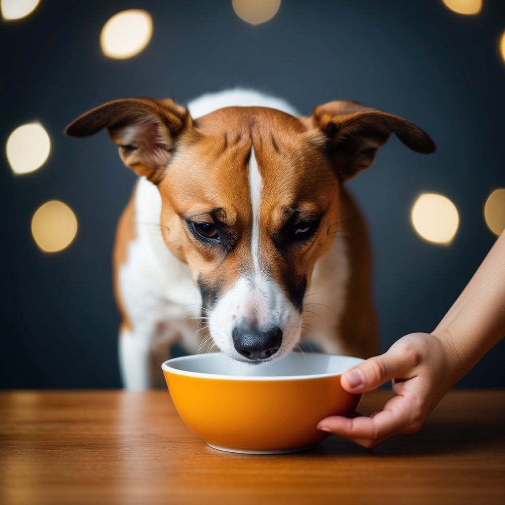 A dog turning away from a bowl of spicy food, with a distressed expression and a hand reaching out to remove the bowl