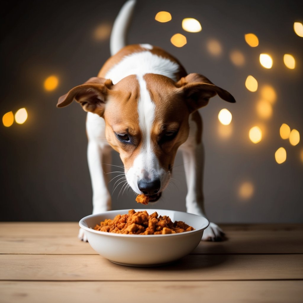 A dog recoiling from a bowl of spicy food, pawing at its mouth in discomfort