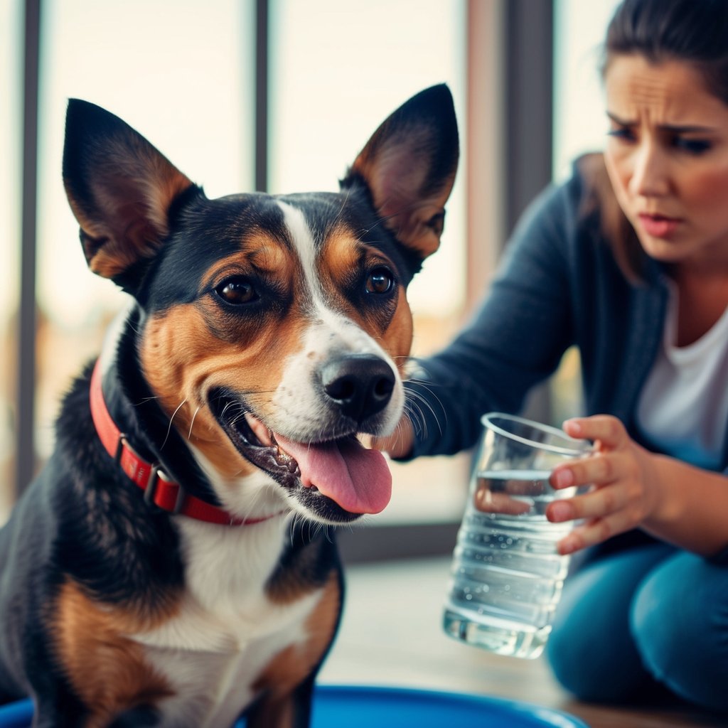 A dog with a distressed expression, panting and drooling after consuming spicy food, while the owner looks concerned and reaches for water to offer the dog