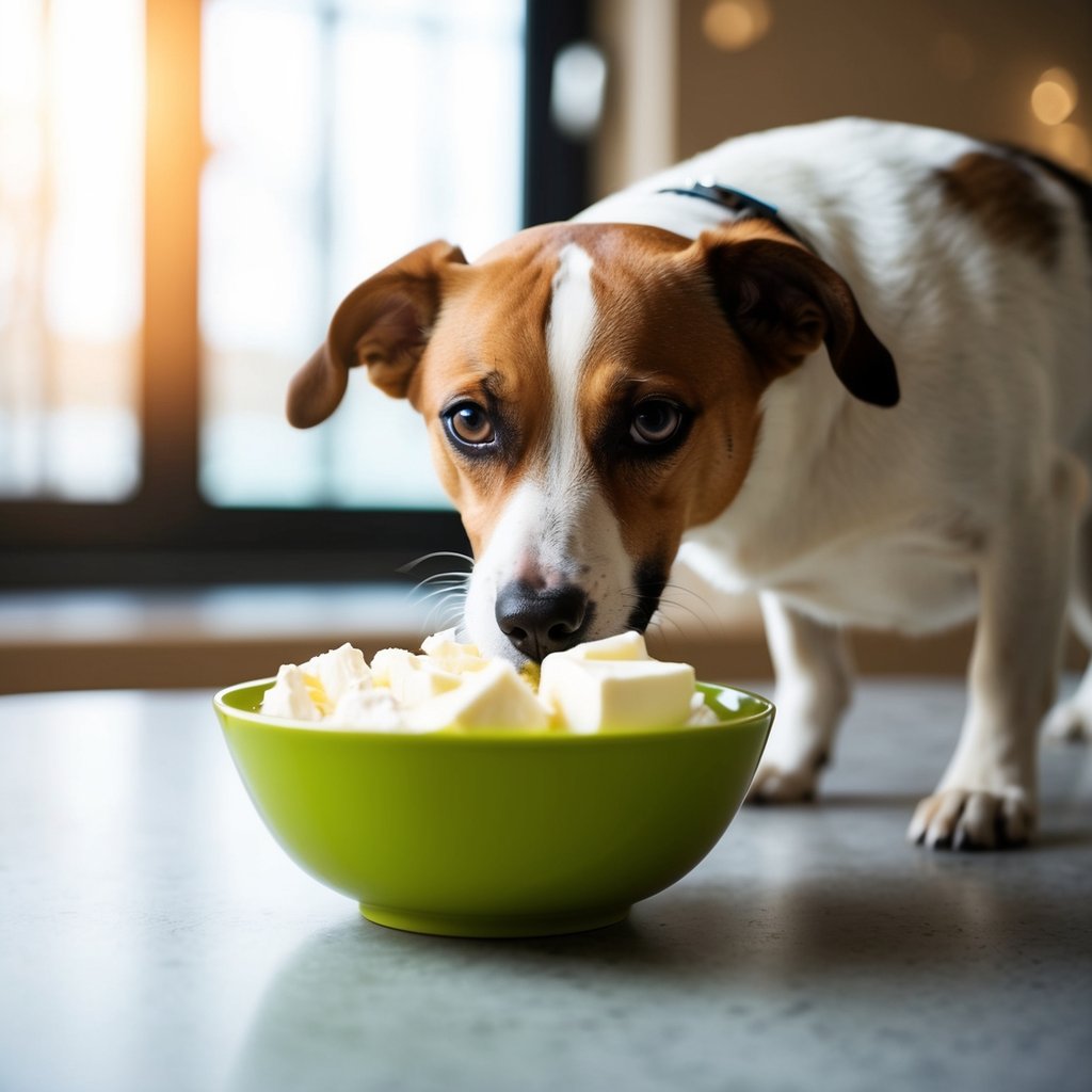 A dog cautiously sniffing a bowl of dairy products with a concerned expression