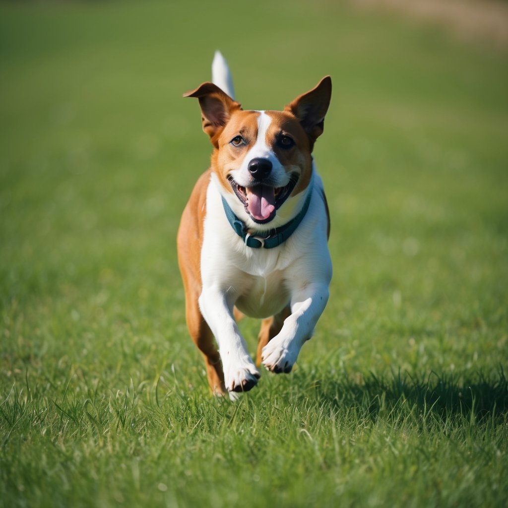 A happy dog running through a grassy field, free from fleas and ticks