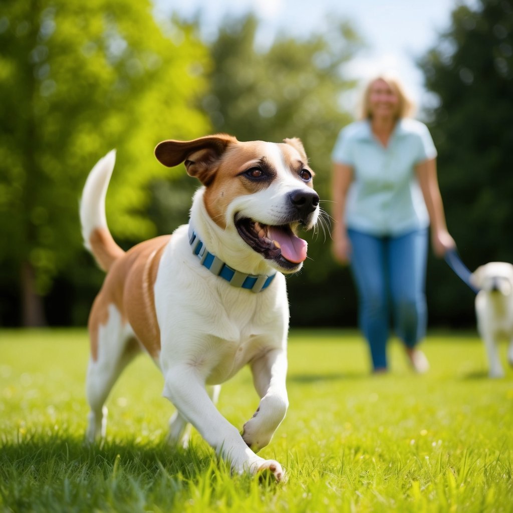 A happy dog playing in a grassy yard, wearing a flea and tick prevention collar, while a smiling owner watches from a distance