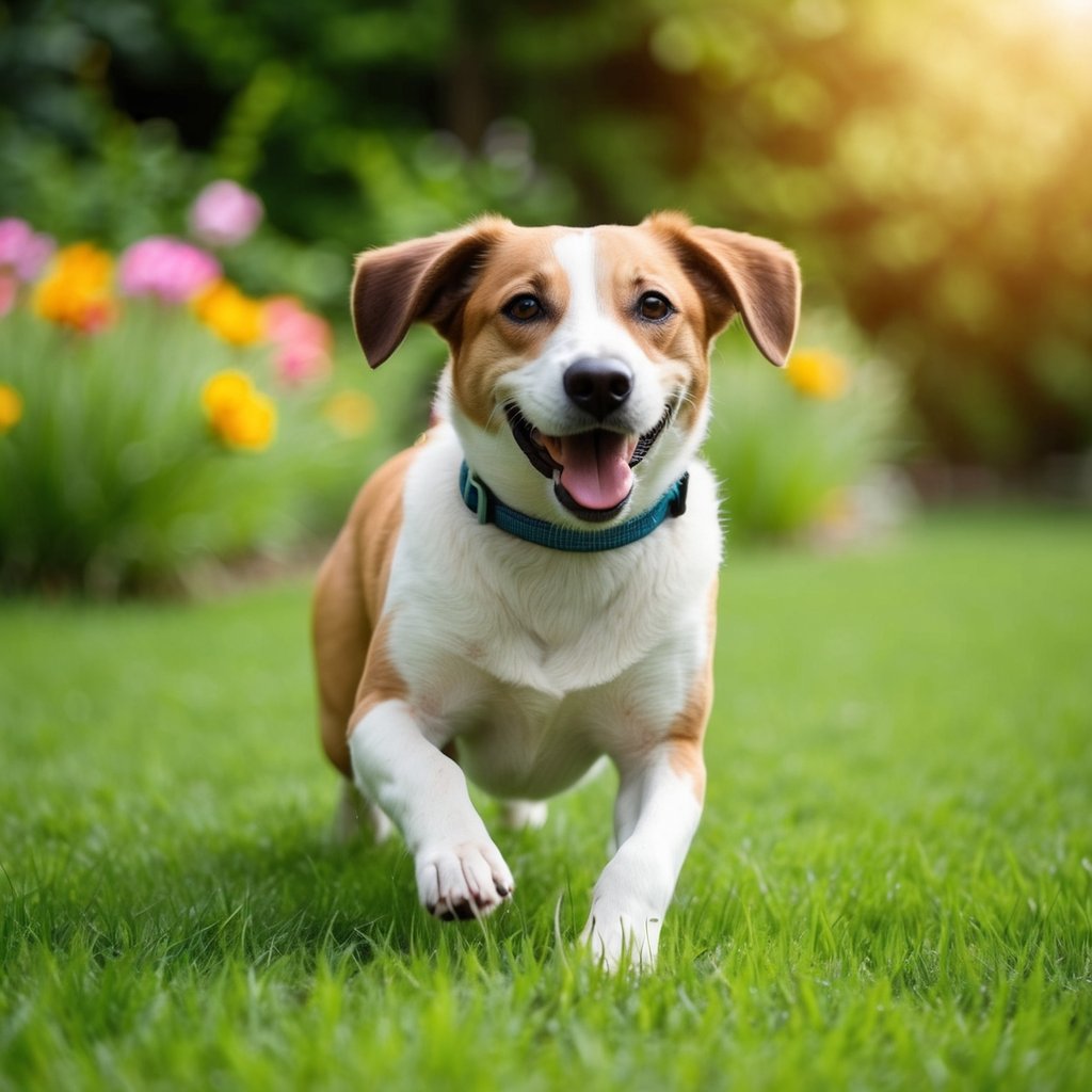 A happy dog playing in a yard, surrounded by lush green grass and flowers. A flea and tick prevention collar is visible around the dog's neck