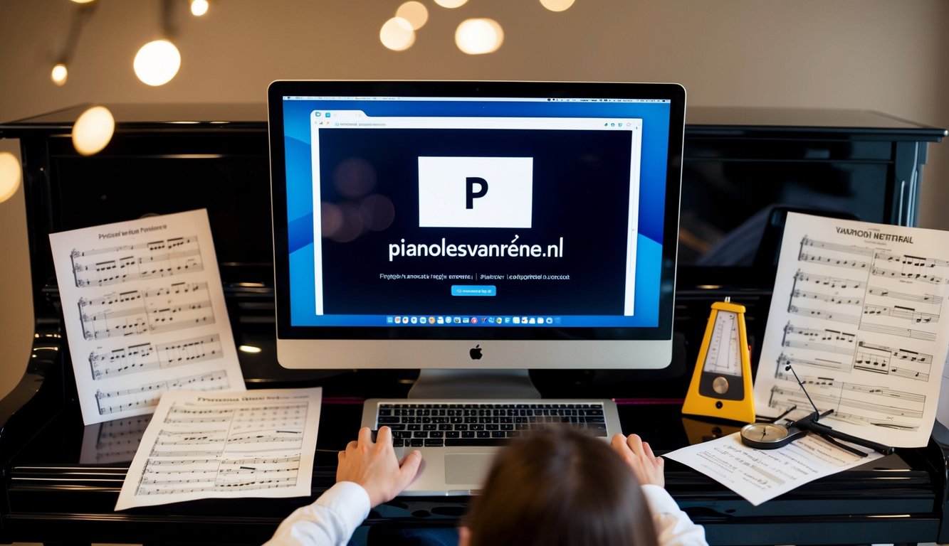 Een persoon die aan een piano zit, met een computer geopend op PianolesvanRene.nl, omringd door muziekbladen en een metronoom