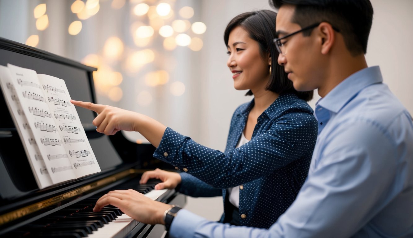 Een persoon die aan een piano zit, met een leraar die naar bladmuziek wijst en handposities demonstreert.