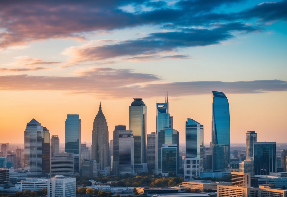 Um horizonte urbano movimentado com vários edifícios corporativos, simbolizando uma estratégia de negócios otimizada.